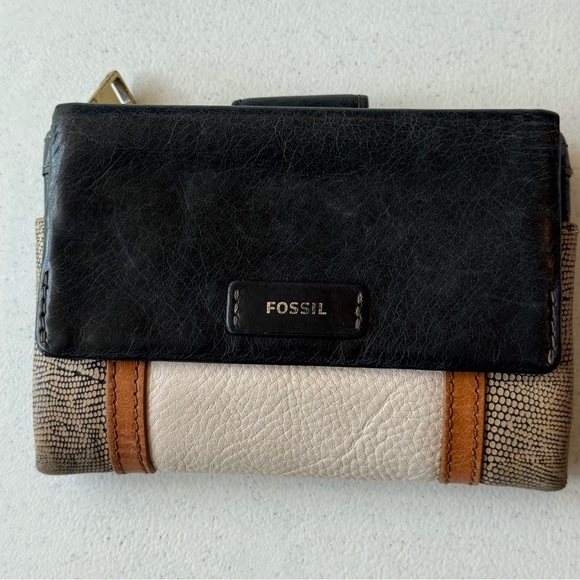 Fossil Ellis Multi Black Patchwork Brown Cream Women’s Leather Wallet Money - Picture 1 of 16